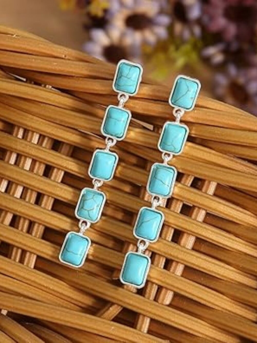 Turquoise and Silver Tone Earrings Bohemian Cowgirl Western Chunky Statement